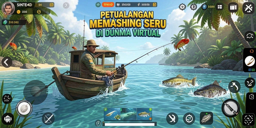 Tampilan gameplay SINTE4D dengan memancing di lokasi indah.